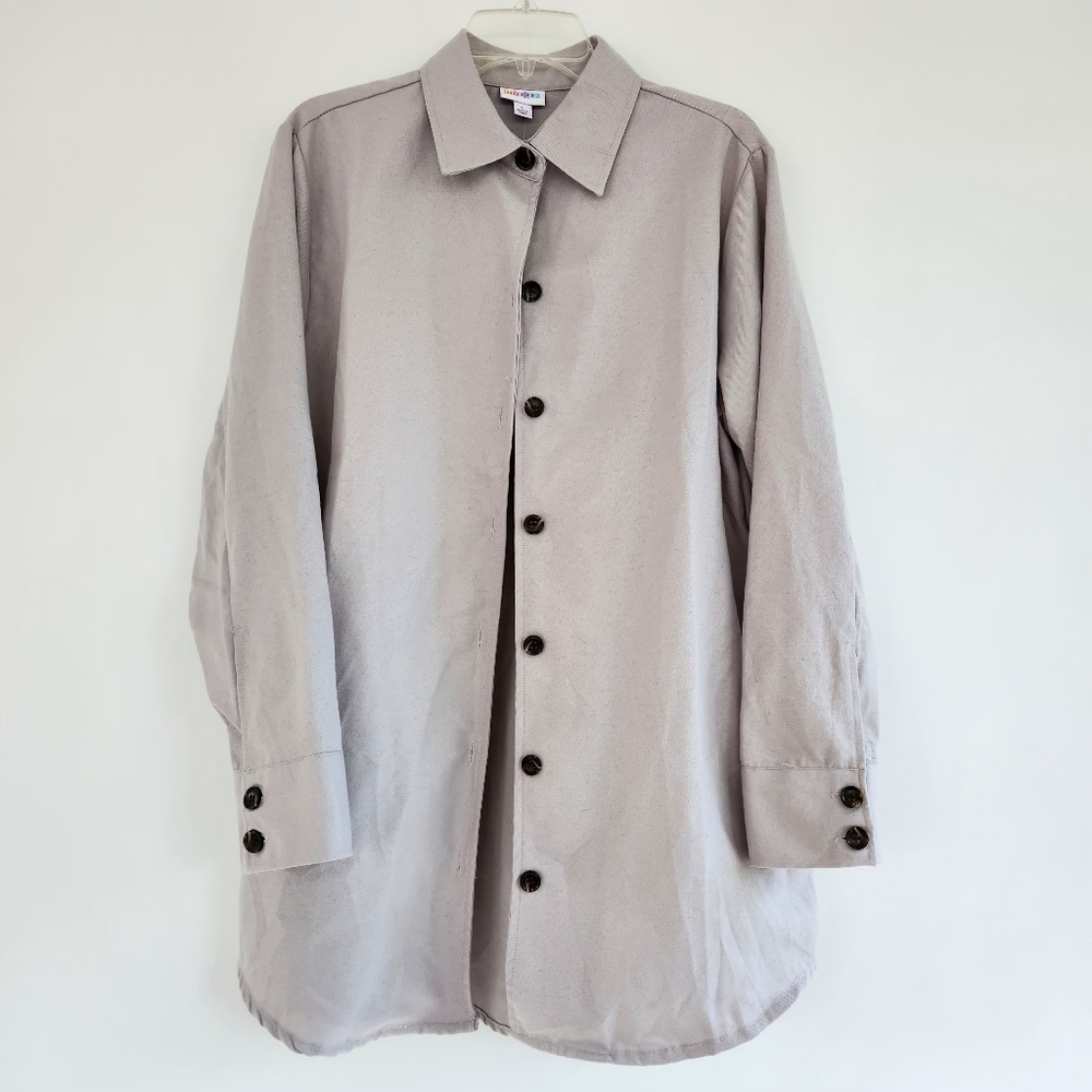 LuLaRoe Light Gray Shirt Jacket with Black Buttons